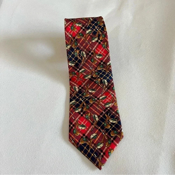 Vintage Huntington Red Navy Tie Tartan/Golf 100% Pure Silk - Picture 3 of 6